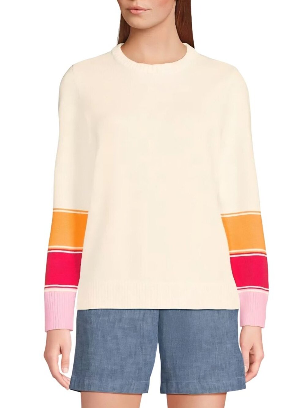 Lands' End Drifter Crewneck Sweater Striped Sleeve Sustainable Cotton Size M
